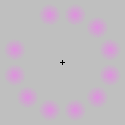 Lilac chaser: if the viewer focuses on the black cross in the center, the location of the disappearing dot appears green.